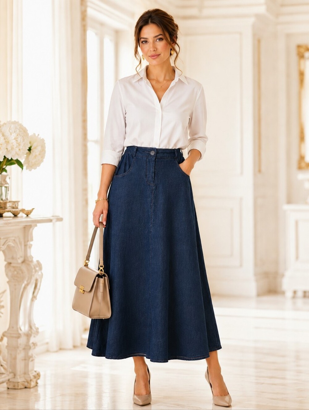 Leon Max Denim Maxi Skirt Dark Indigo A-Line Long Cotton Skirt | Size 8